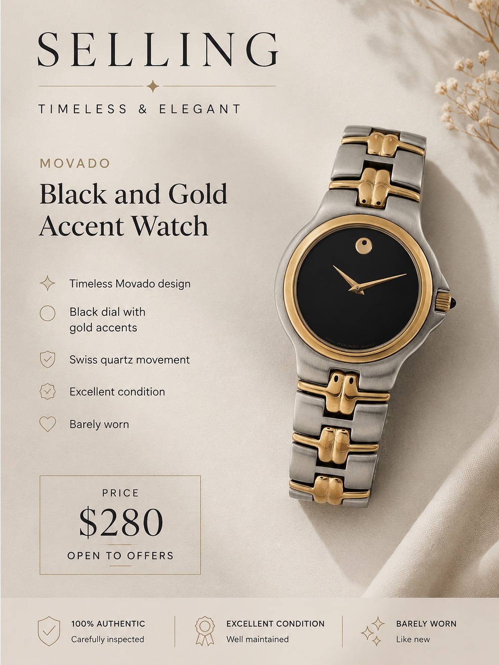 Movado Black and Gold Accent Watch